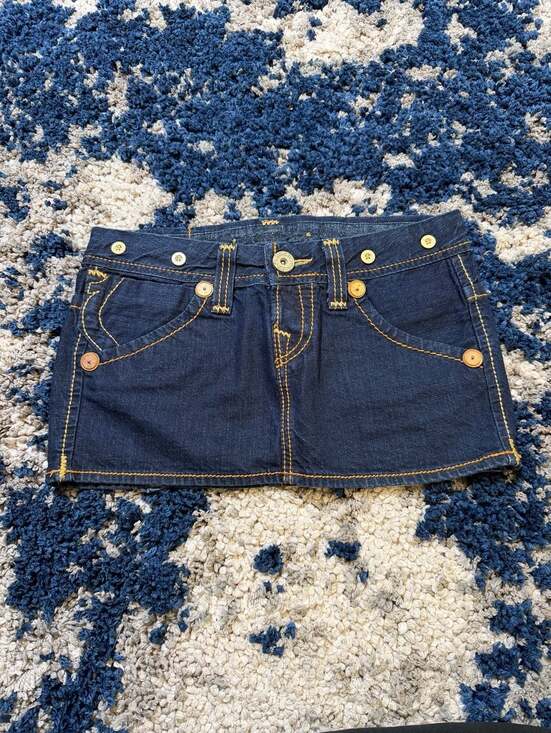 True Religion Dresses & Skirts - True Religion Joey Dark Wash Denim Mini Skirt Big T Stitch